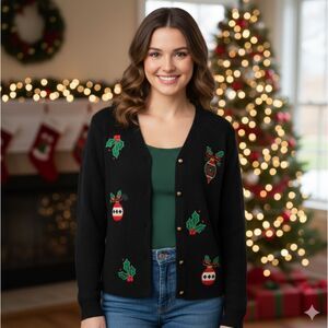 Vintage Crystal Kobe Black Christmas Cardigan Holiday Ornament Sweater Sz M